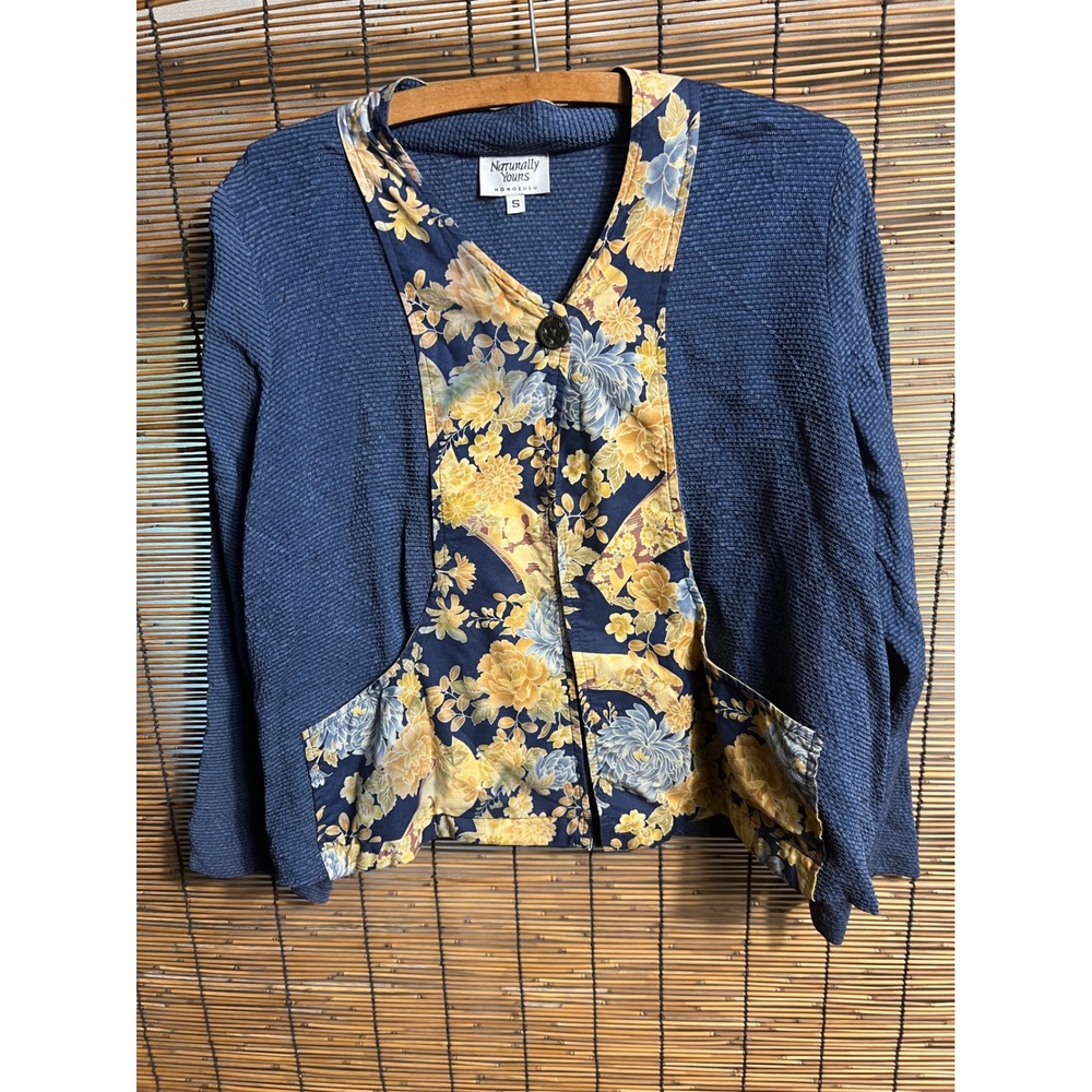 Naturally Yours Honolulu Floral Mixed Media Cardigan Jacket Blue Cotton Small